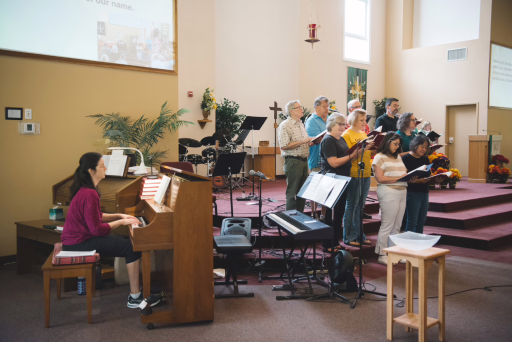 chancel choir singing during service - wide angle